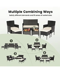 Gymax 7PCS Outdoor Wicker Sofa Set Patio Rattan Sofa Set w/ Coffee Tables & Ottomans