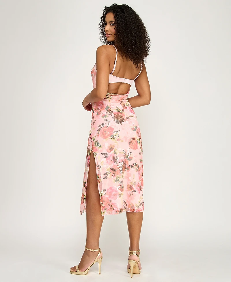 Katia Rae Junior's Floral Peek-a-Boo Bra Sweetheart Neck Midi Dress