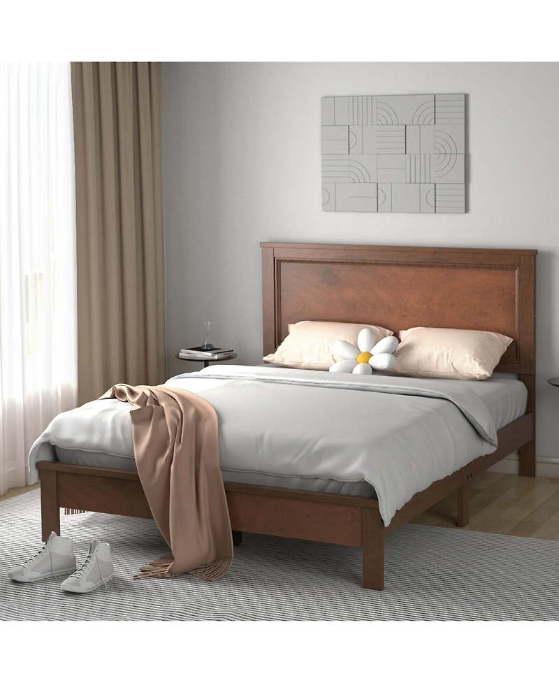 Gymax Bed Frame Platform Slat High Headboard Bedroom Rubber Wood Leg