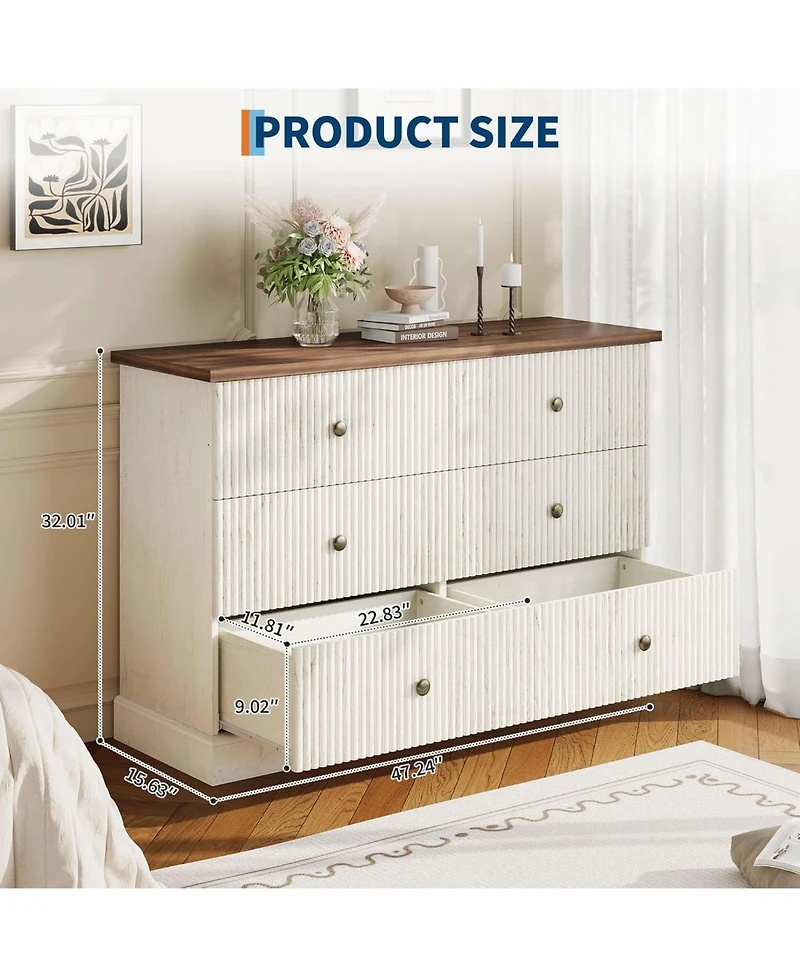 gaomon 6 Drawer Dresser for Bedroom, Fluted Horizontal Chest of Drawers