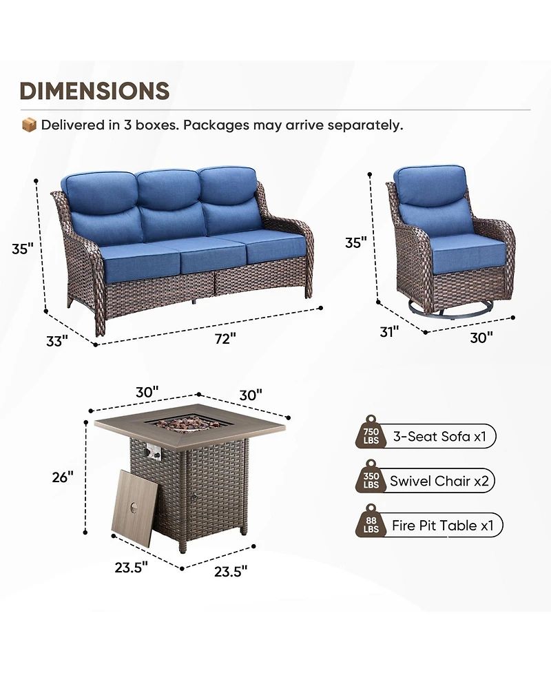 Gymojoy 4 Piece Patio Furniture Set with Fire Pit Table, Swivel Rocker Chair, Seat Sofa, Seats Outdoor Conversation for Lawn Garden Backyard