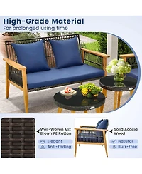 Gymax 5PCS Rattan Woven Conversation Set Stable Acacia Wood Frame for Backyard Patio