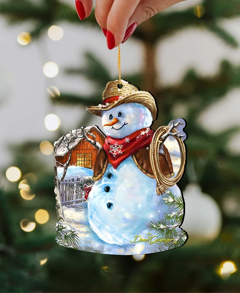 Designocracy 2 Piece Cowboy Snowman Wood Ornaments Set