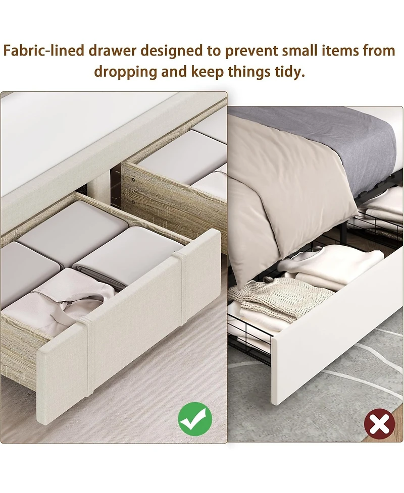 Gaomon Queen Upholstered Platform Bed Frame with Storage Drawers Solid Wood Slats No Box Spring Needed