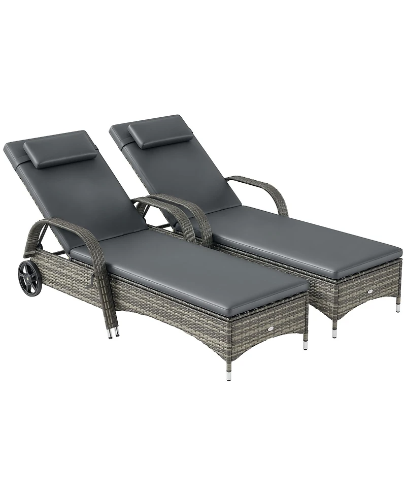 Outdoor 2 Pe Rat Sun Bathing Chairs w/ Cushions and Pillows,