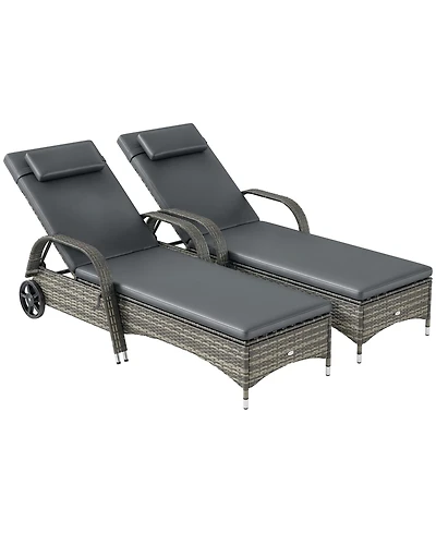 Outdoor 2 Pe Rat Sun Bathing Chairs w/ Cushions and Pillows,