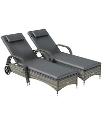 Outdoor 2 Pe Rat Sun Bathing Chairs w/ Cushions and Pillows,