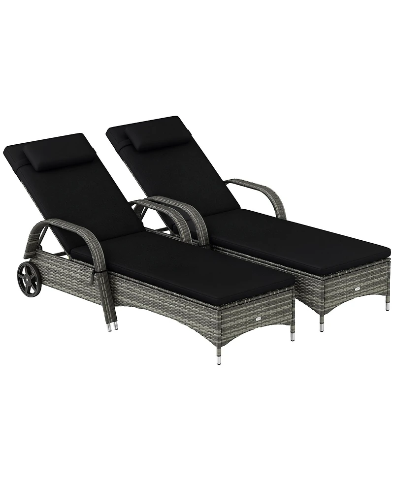 Outdoor 2 Pe Rat Sun Bathing Chairs w/ Cushions and Pillows,