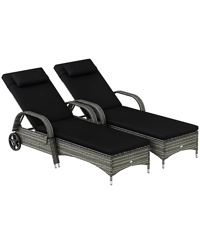 Outdoor 2 Pe Rat Sun Bathing Chairs w/ Cushions and Pillows,