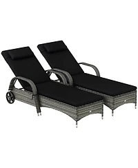 Outdoor 2 Pe Rat Sun Bathing Chairs w/ Cushions and Pillows,