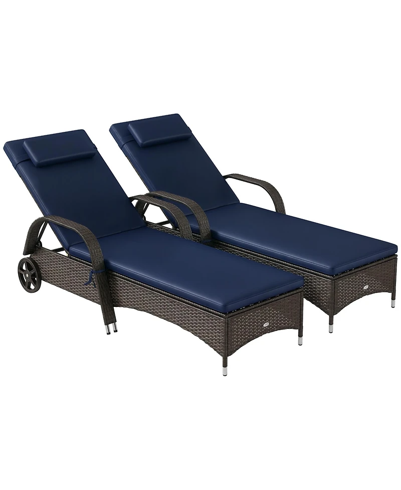 Outdoor 2 Pe Rat Sun Bathing Chairs w/ Cushions and Pillows,