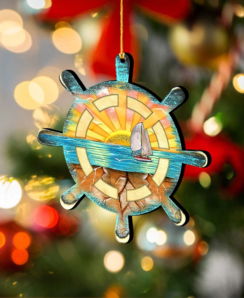 Designocracy Captains Wheel Wooden Ornaments Set of 2