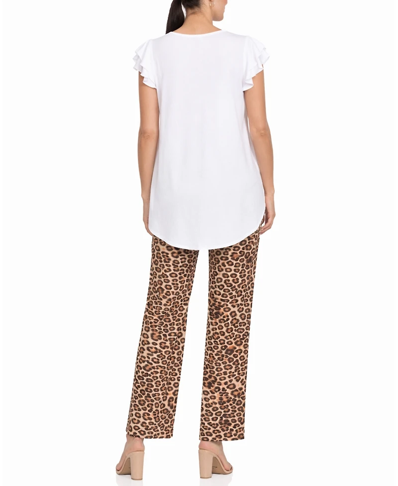 White Mark Women's Ruffle-Sleeve Top and Animal Print Pant Set