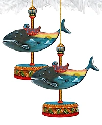 Designocracy Carousel Whale Christmas Wooden Ornament, Set of 2