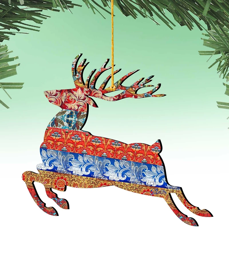 Designocracy Rustic Prancing Deer Wooden Christmas Ornament, Set of 2