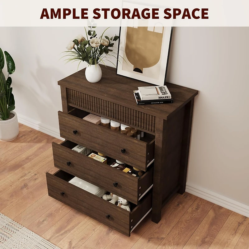 3-Drawer Fluted Nightstand Dresser, Wooden Storage Chest with Anti-Tip Kit for Bedroom, Living Room & Hallway