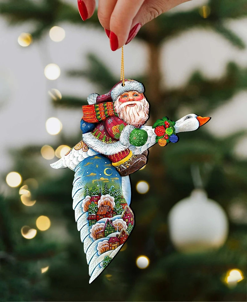 Designocracy Goose Traveling Santa Wooden Christmas Ornament, Set of 2