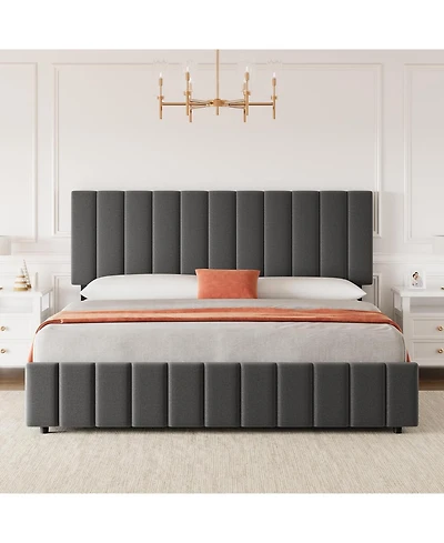 gaomon Full Upholstered Bed Frame 4 Drawers Adjustable Headboard Wood Slats No Box Spring Grey