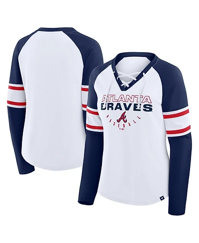 Fanatics Women's White/Navy Atlanta Braves Blitz Package Raglan Lace-Up V-Neck Long Sleeve T-Shirt