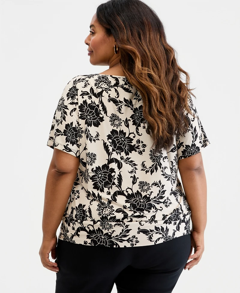 Jm Collection Plus Bianca Floral Scroll Banded-Bottom Top, Macy's Exclusive