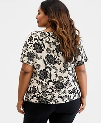 Jm Collection Plus Bianca Floral Scroll Banded-Bottom Top, Macy's Exclusive