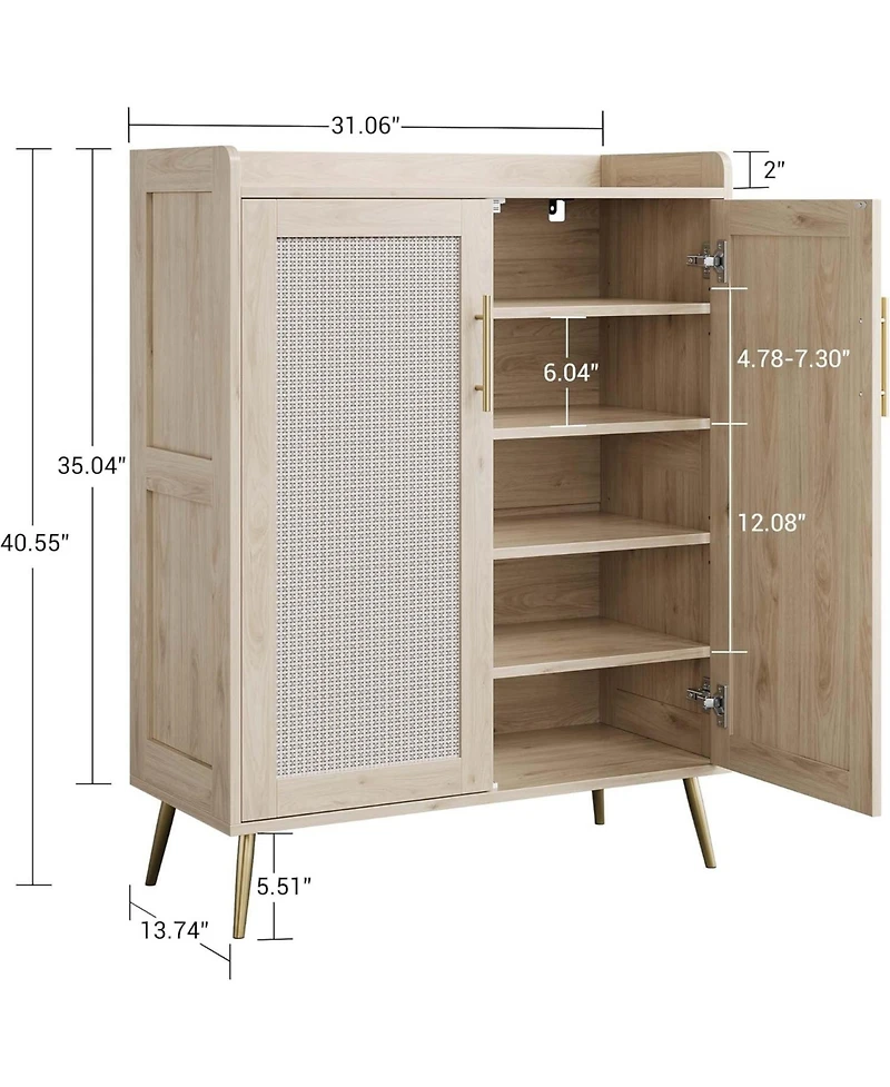 gaomon Rattan Shoe Cabinet, 5-Tier Shoe Storage Cabinet with Doors, Adjustable Shelves and Metal Legs, Beige