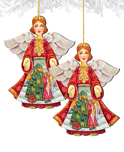 Designocracy Christmas Tree Angel Wooden Ornament Set of 2