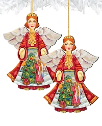Designocracy Christmas Tree Angel Wooden Ornament Set of 2