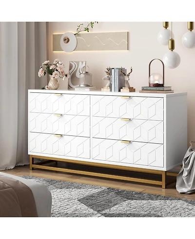 gaomon Modern 6-Drawer Bedroom Dresser with Large Storage and Gold Metal Accents for Entryway, Living Room or Closet