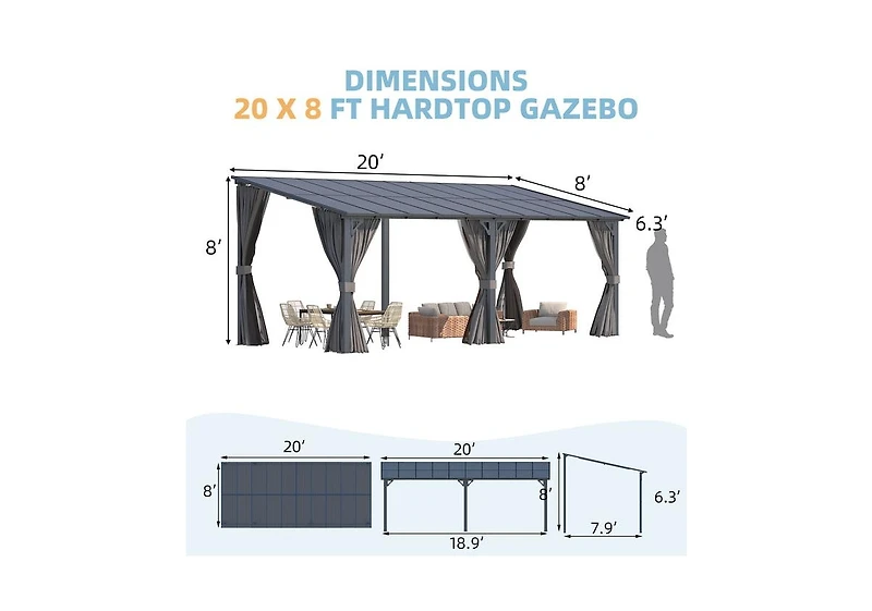 Aecojoy 20'x8' Wall Gazebo with Curtains and Mosquito Netting