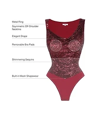 Popilush Women's Sequin Cowl Neck Chain Detail Sculpting Bodysuit