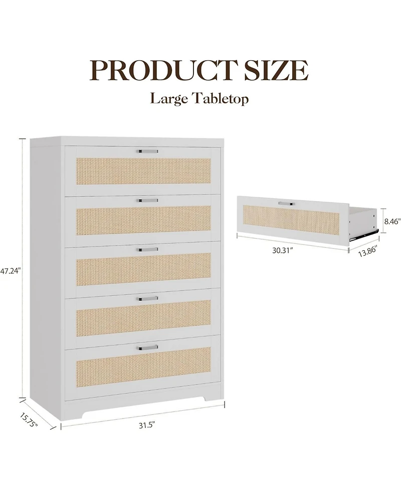 gaomon Rattan 6 Drawer Dresser Natural Wood Deep Storage Metal Handles for Bedroom and Living Room