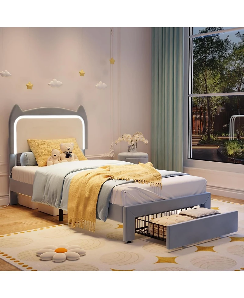 gaomon Bed Frame with Cat Headboard, Twin Platform Grb Led Lights, Storage Drawer & Strong Wood Slats Support