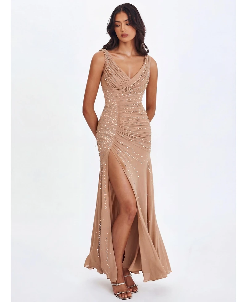 Miss Circle Women's Viveca Apricot Crystal-Embellished Asymmetrical Ruched Maxi Dress