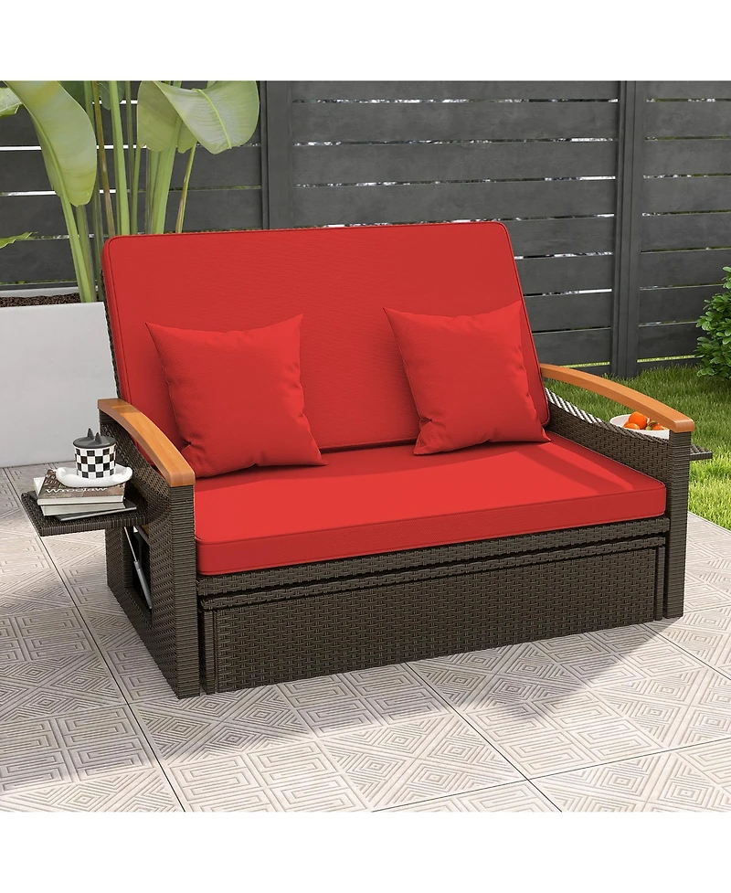 Gymax Patio Rattan Daybed Set w/ Cushioned Loveseat and Storage Ottoman
