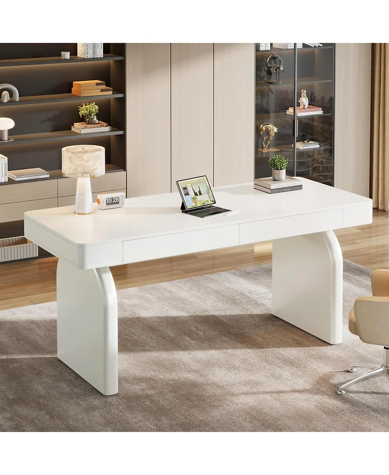 Tribesigns White Desk with Drawers, 63-Inch Modern Executive Office Desk, Glossy Elegant Work Study Desk Writing Table for Home Office