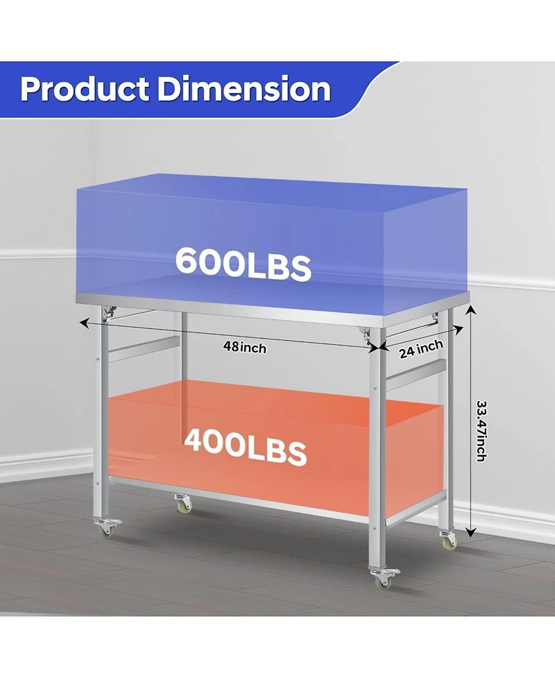 gaomon Folding Stainless Steel Table Commercial Work Table with Casters & Undershelf for Home & Restaurant
