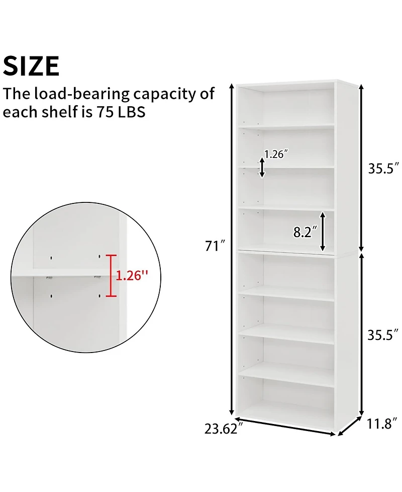 Rainsken Wood Bookshelf, 8-Layer Storage Display Rack with Adjustable Shelf for Home Office