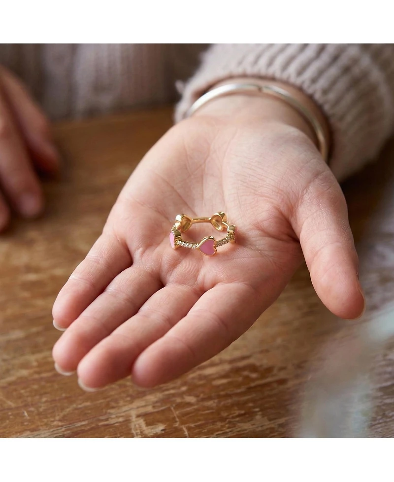 GiGiGirl Kids/Teens 14k Yellow Gold Plated with Cubic Zirconia Pink Enamel Heart Stacking Ring