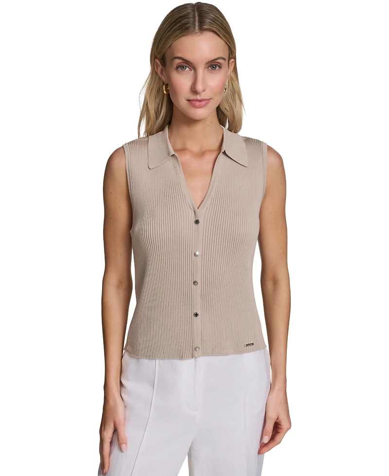 Calvin Klein Women's Sleeveless Button-Front Collared Sweater