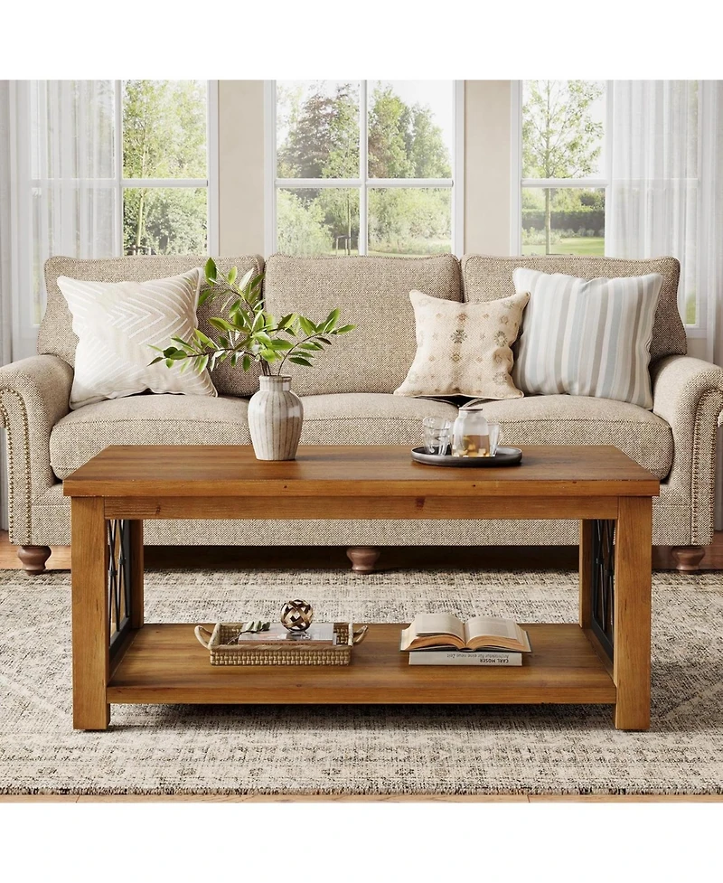 Tribesigns 47.2" Solid Wood Coffee Table, Farmhouse Rectangular Center Table, 2-Tier Low Cocktail Tea Table