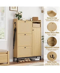 Homfan Shoe Storage Cabinet with 3 Flip Drawers, Rattan Hidden Freestanding Organizer with Adjustable Shelves and Metal Knob for Entryway, Hallway