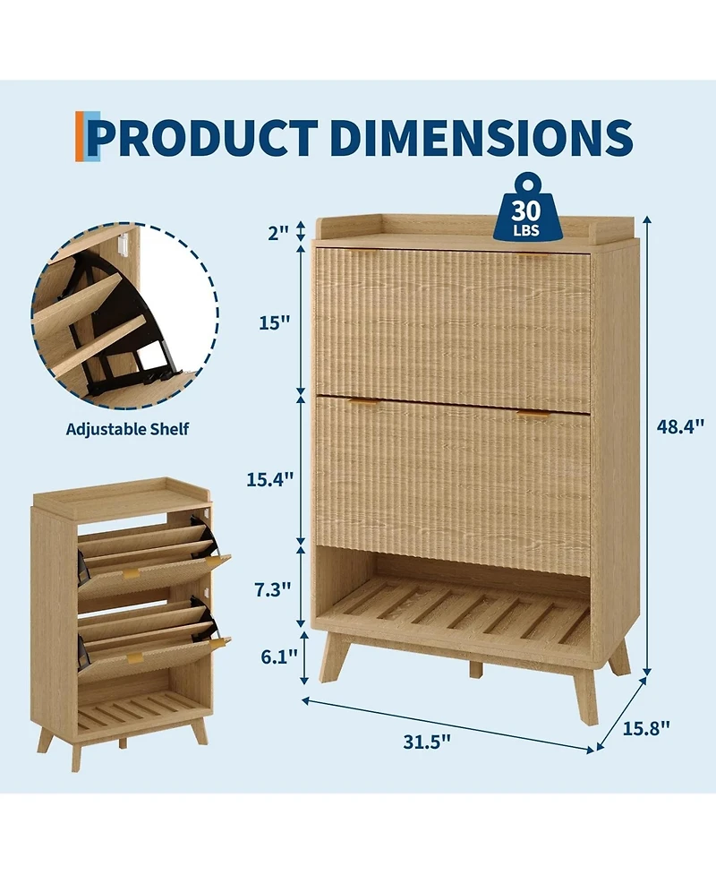 gaomon Fluted Shoe Storage Cabinet for Entryway with 2 Flip Drawers and Adjustable Shelves 48 inch Tall Freestanding Narrow Wood Shoe