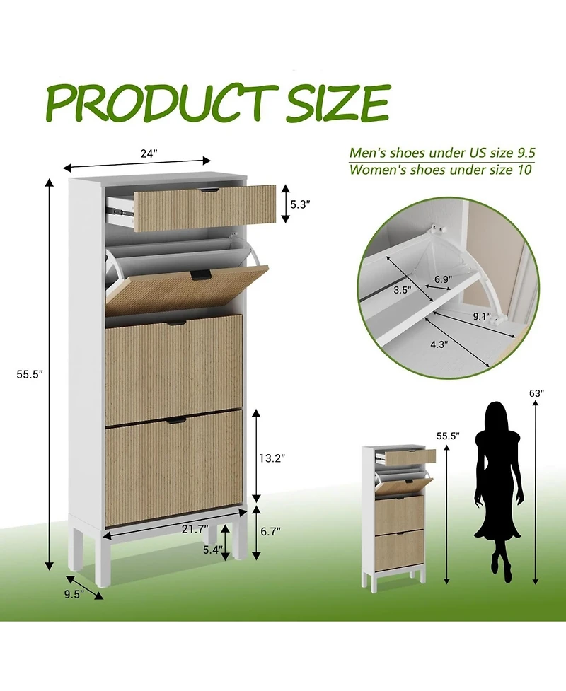 gaomon Shoe Storage Cabinet with 3 Flip Drawers Fluted Organizer Metal Legs Slim Entryway Rack and Oak