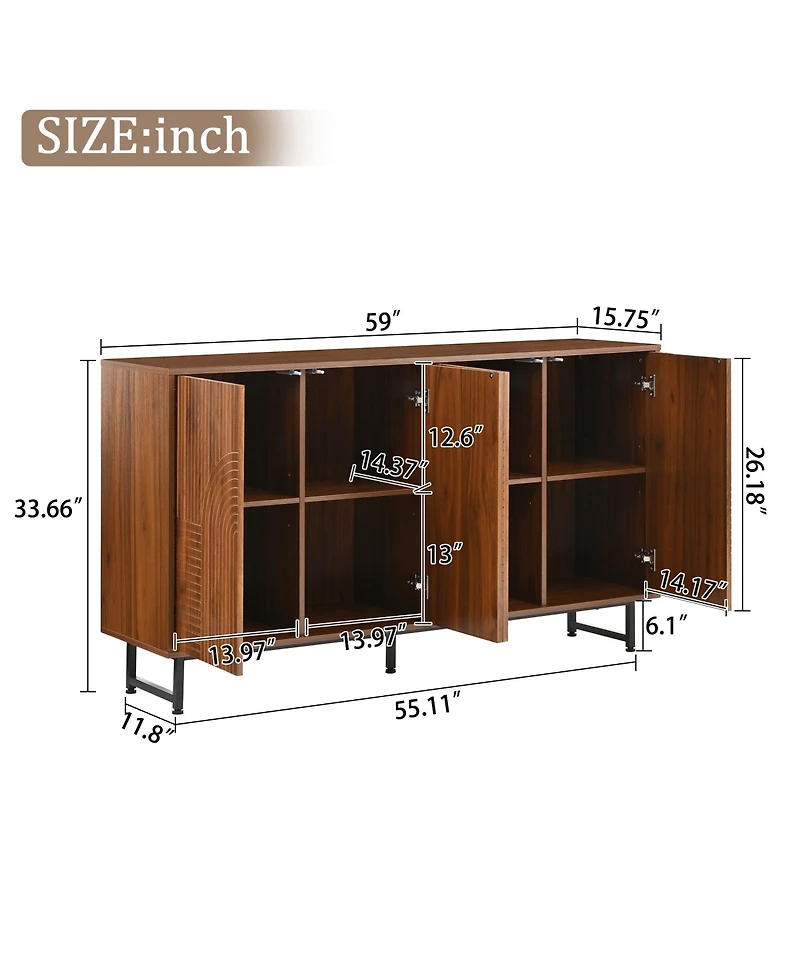 Premium Walnut Mid-Century Sideboard with Geometric Carved Doors