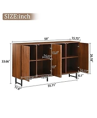 Premium Walnut Mid-Century Sideboard with Geometric Carved Doors
