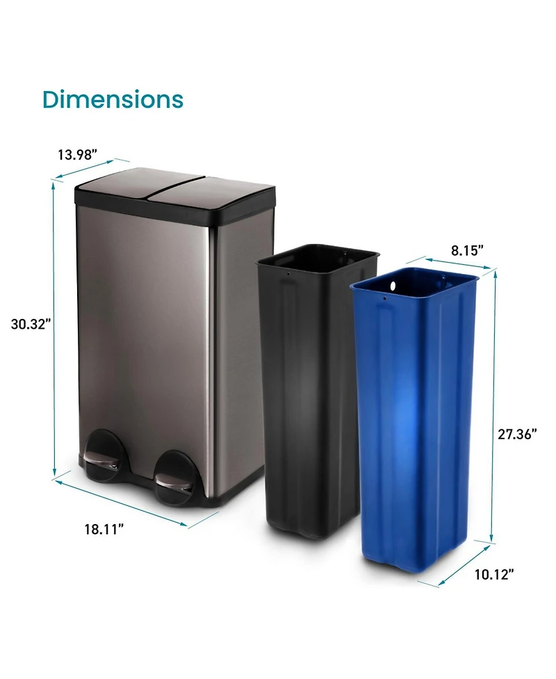 Home Zone Living 16 Gallon Dual Trash and Recycling Can with Removable Liners and Soft Close Lids, Stainless Steel