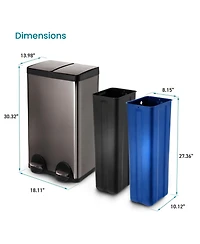 Home Zone Living 16 Gallon Dual Trash and Recycling Can with Removable Liners and Soft Close Lids, Stainless Steel