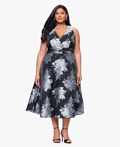 Betsy & Adam Plus Printed V-Neck Midi Dress