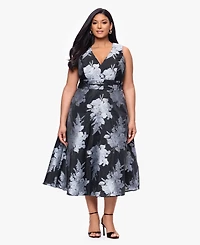 Betsy & Adam Plus Printed V-Neck Midi Dress